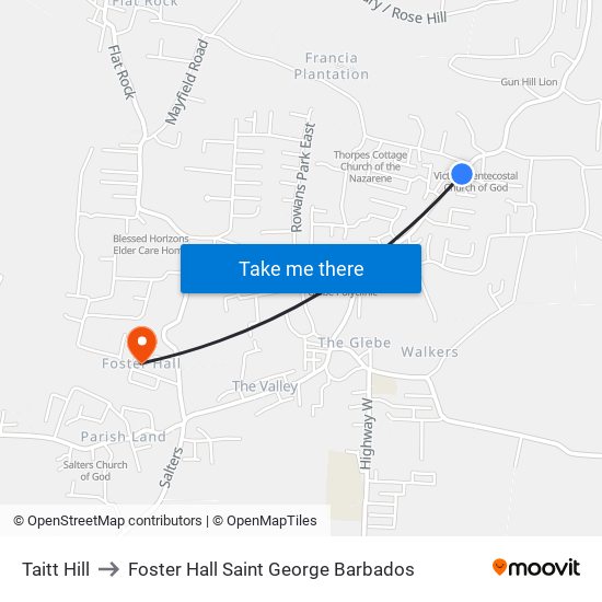 Taitt Hill to Foster Hall Saint George Barbados map