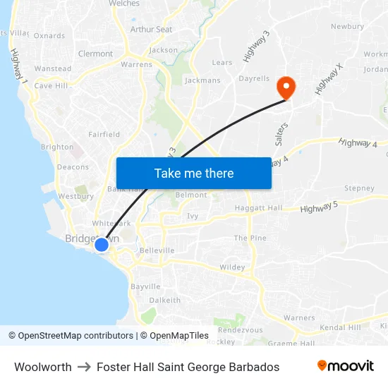 Woolworth to Foster Hall Saint George Barbados map