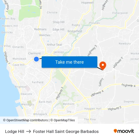 Lodge Hill to Foster Hall Saint George Barbados map