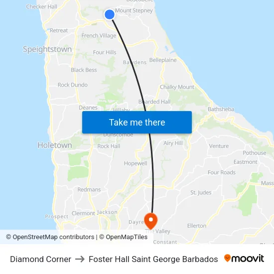 Diamond Corner to Foster Hall Saint George Barbados map