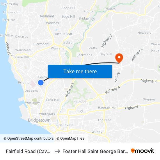 Fairfield Road (Cave Hill) to Foster Hall Saint George Barbados map