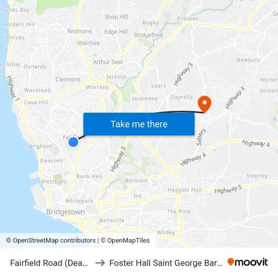 Fairfield Road (Deacons) to Foster Hall Saint George Barbados map