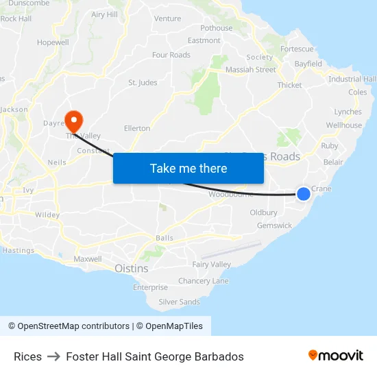 Rices to Foster Hall Saint George Barbados map