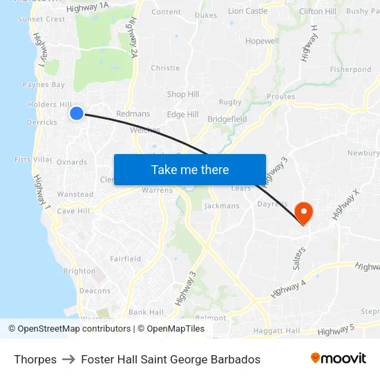 Thorpes to Foster Hall Saint George Barbados map