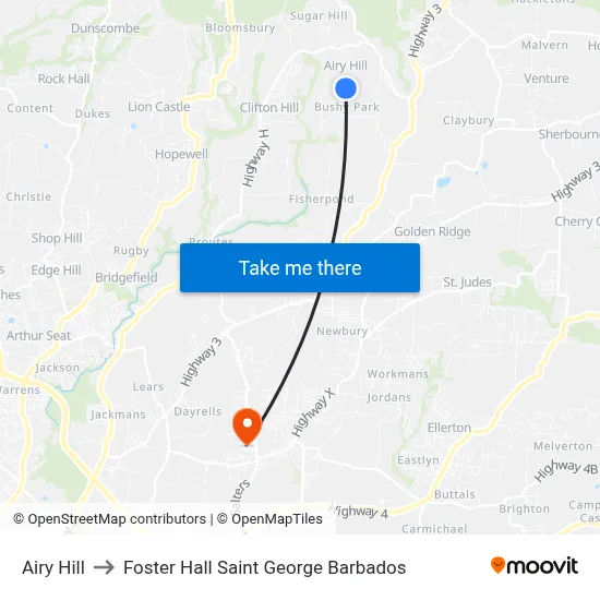 Airy Hill to Foster Hall Saint George Barbados map
