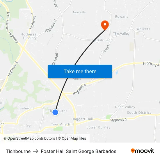 Tichbourne to Foster Hall Saint George Barbados map