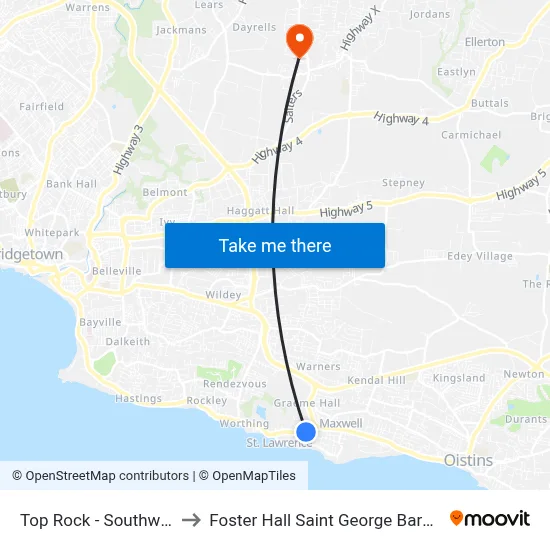 Top Rock - Southwinds to Foster Hall Saint George Barbados map