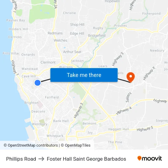 Phillips Road to Foster Hall Saint George Barbados map