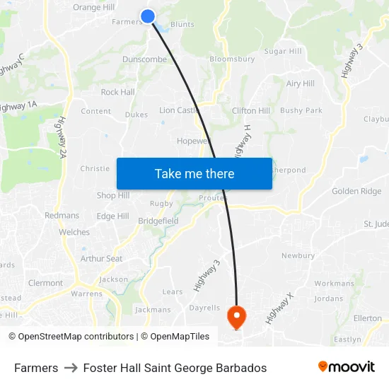 Farmers to Foster Hall Saint George Barbados map