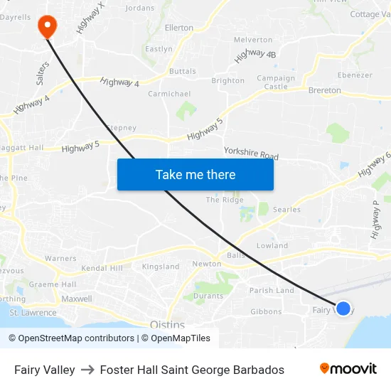 Fairy Valley to Foster Hall Saint George Barbados map