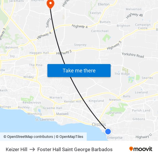 Keizer Hill to Foster Hall Saint George Barbados map