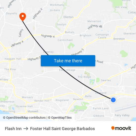 Flash Inn to Foster Hall Saint George Barbados map