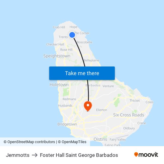 Jemmotts to Foster Hall Saint George Barbados map