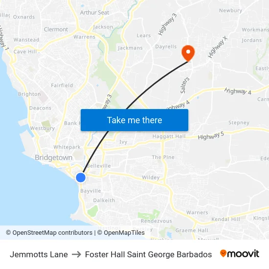 Jemmotts Lane to Foster Hall Saint George Barbados map