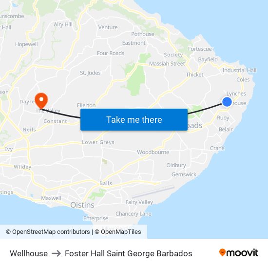 Wellhouse to Foster Hall Saint George Barbados map