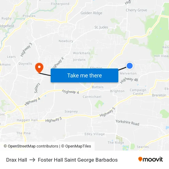 Drax Hall to Foster Hall Saint George Barbados map