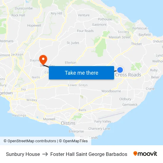 Sunbury House to Foster Hall Saint George Barbados map