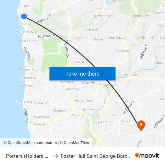 Porters (Holders Hill) to Foster Hall Saint George Barbados map