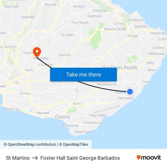 St Martins to Foster Hall Saint George Barbados map