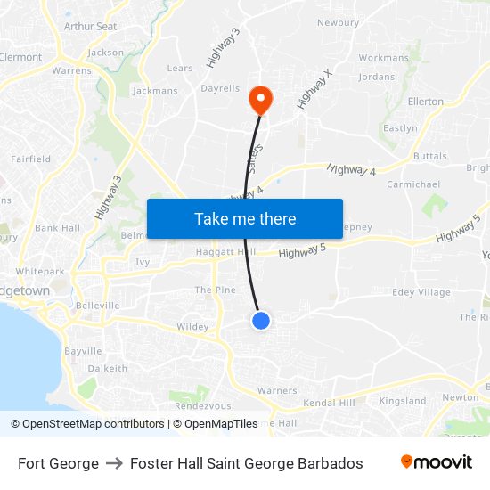 Fort George to Foster Hall Saint George Barbados map