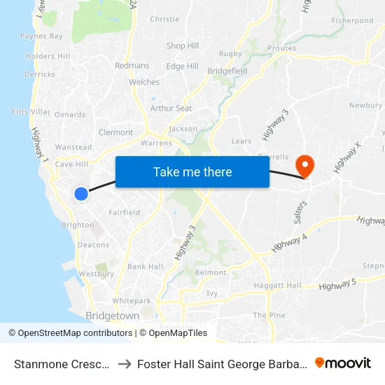 Stanmone Crescent to Foster Hall Saint George Barbados map