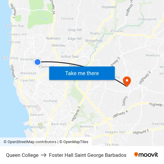 Queen College to Foster Hall Saint George Barbados map