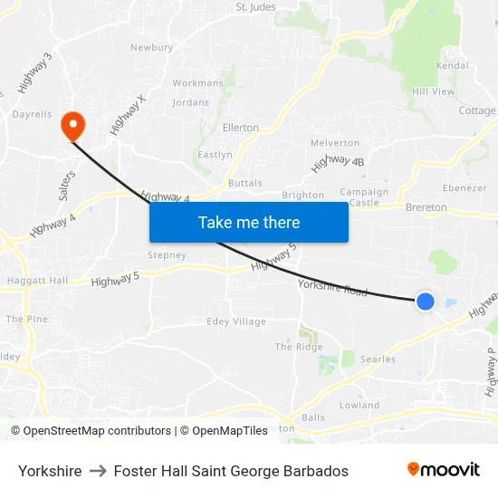 Yorkshire to Foster Hall Saint George Barbados map