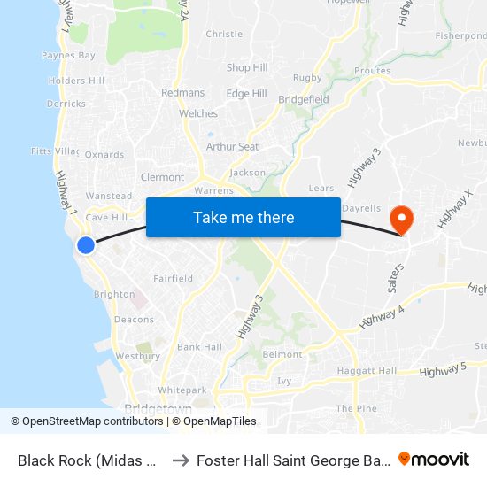 Black Rock (Midas Magic) to Foster Hall Saint George Barbados map