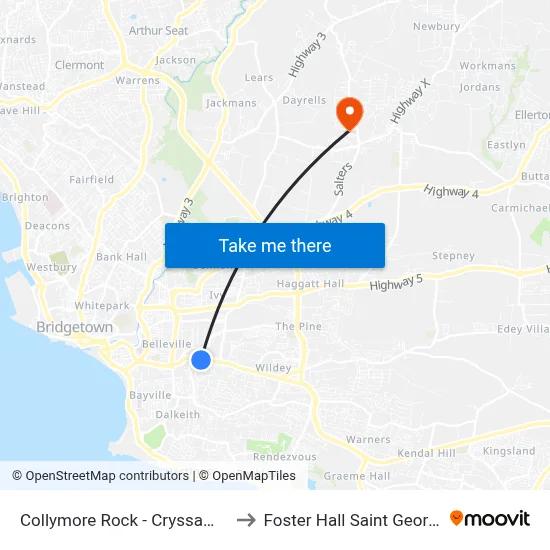 Collymore Rock - Cryssams Barber Shop to Foster Hall Saint George Barbados map