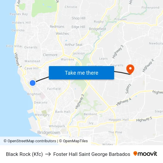 Black Rock (Kfc) to Foster Hall Saint George Barbados map