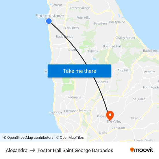Alexandra to Foster Hall Saint George Barbados map