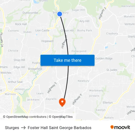 Sturges to Foster Hall Saint George Barbados map