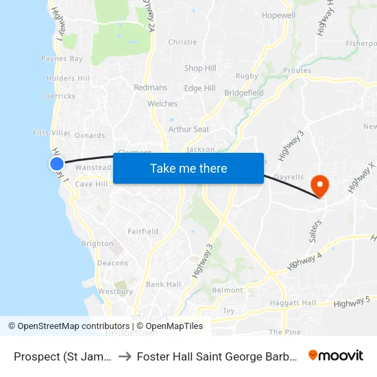 Prospect (St James) to Foster Hall Saint George Barbados map