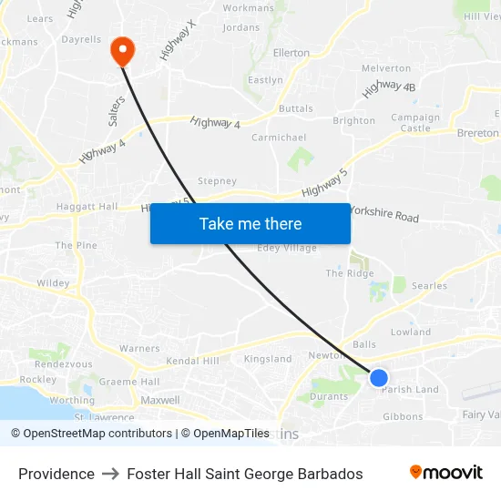 Providence to Foster Hall Saint George Barbados map