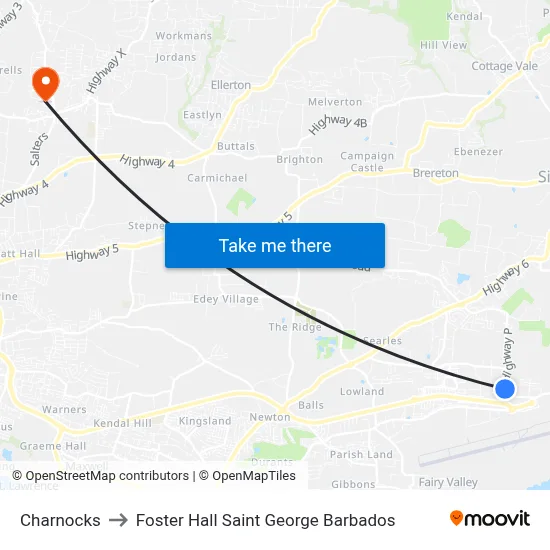 Charnocks to Foster Hall Saint George Barbados map