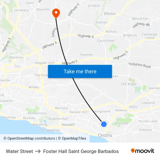 Water Street to Foster Hall Saint George Barbados map