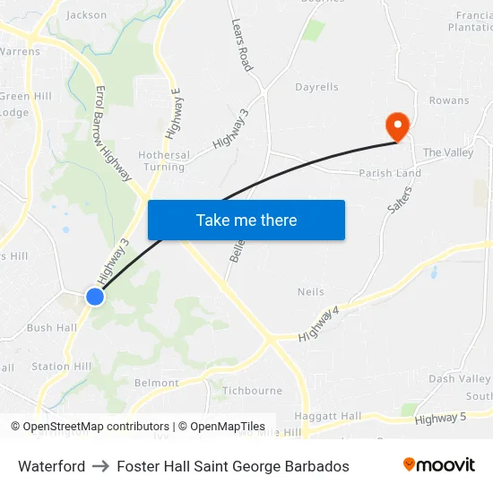 Waterford to Foster Hall Saint George Barbados map
