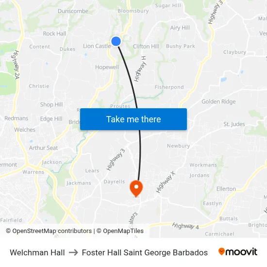 Welchman Hall to Foster Hall Saint George Barbados map