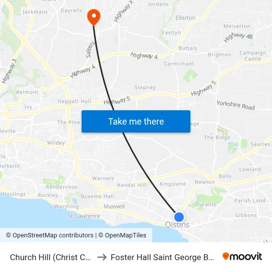 Church Hill (Christ Church) to Foster Hall Saint George Barbados map