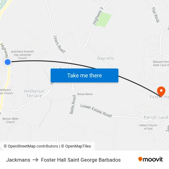 Jackmans to Foster Hall Saint George Barbados map