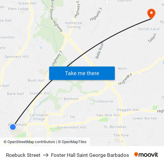 Roebuck Street to Foster Hall Saint George Barbados map