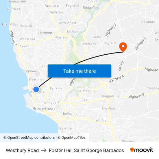 Westbury Road to Foster Hall Saint George Barbados map