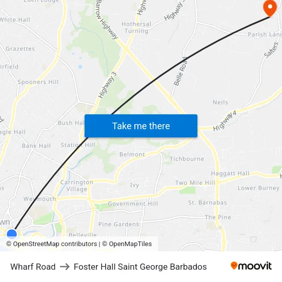 Wharf Road to Foster Hall Saint George Barbados map