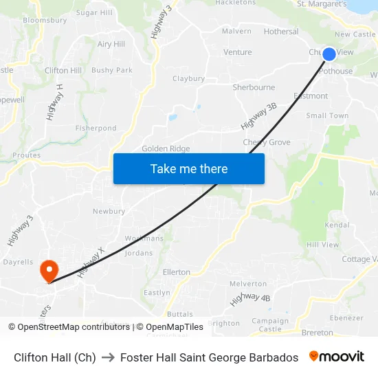 Clifton Hall (Ch) to Foster Hall Saint George Barbados map