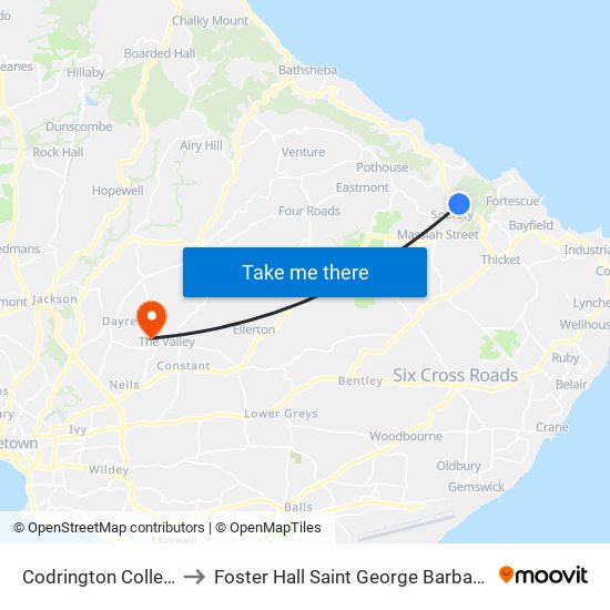 Codrington College to Foster Hall Saint George Barbados map