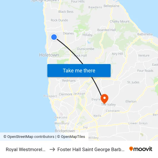 Royal Westmoreland to Foster Hall Saint George Barbados map