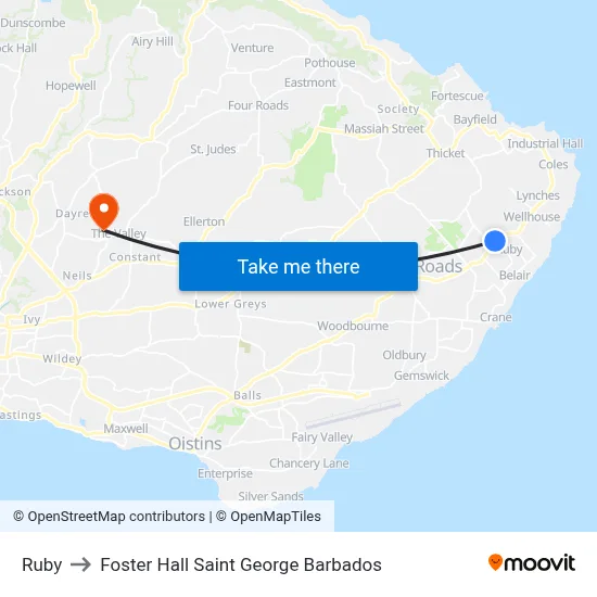 Ruby to Foster Hall Saint George Barbados map