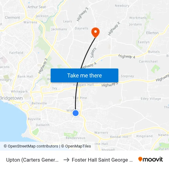 Upton (Carters General Store) to Foster Hall Saint George Barbados map