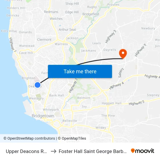 Upper Deacons Road to Foster Hall Saint George Barbados map