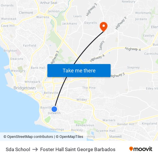 Sda School to Foster Hall Saint George Barbados map